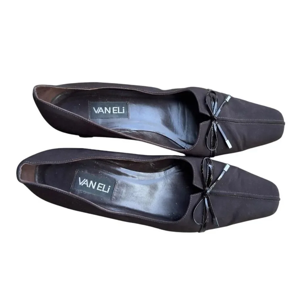 Vaneli Rhea Block Heel Leather Square Toe Bow Pumps Black Size 10
